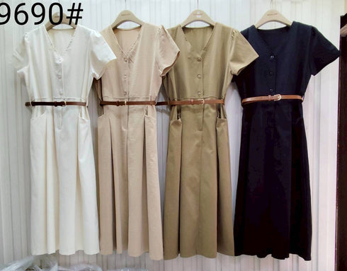 V-neck Short Sleeves Button Down Belted Dress With Pocket
